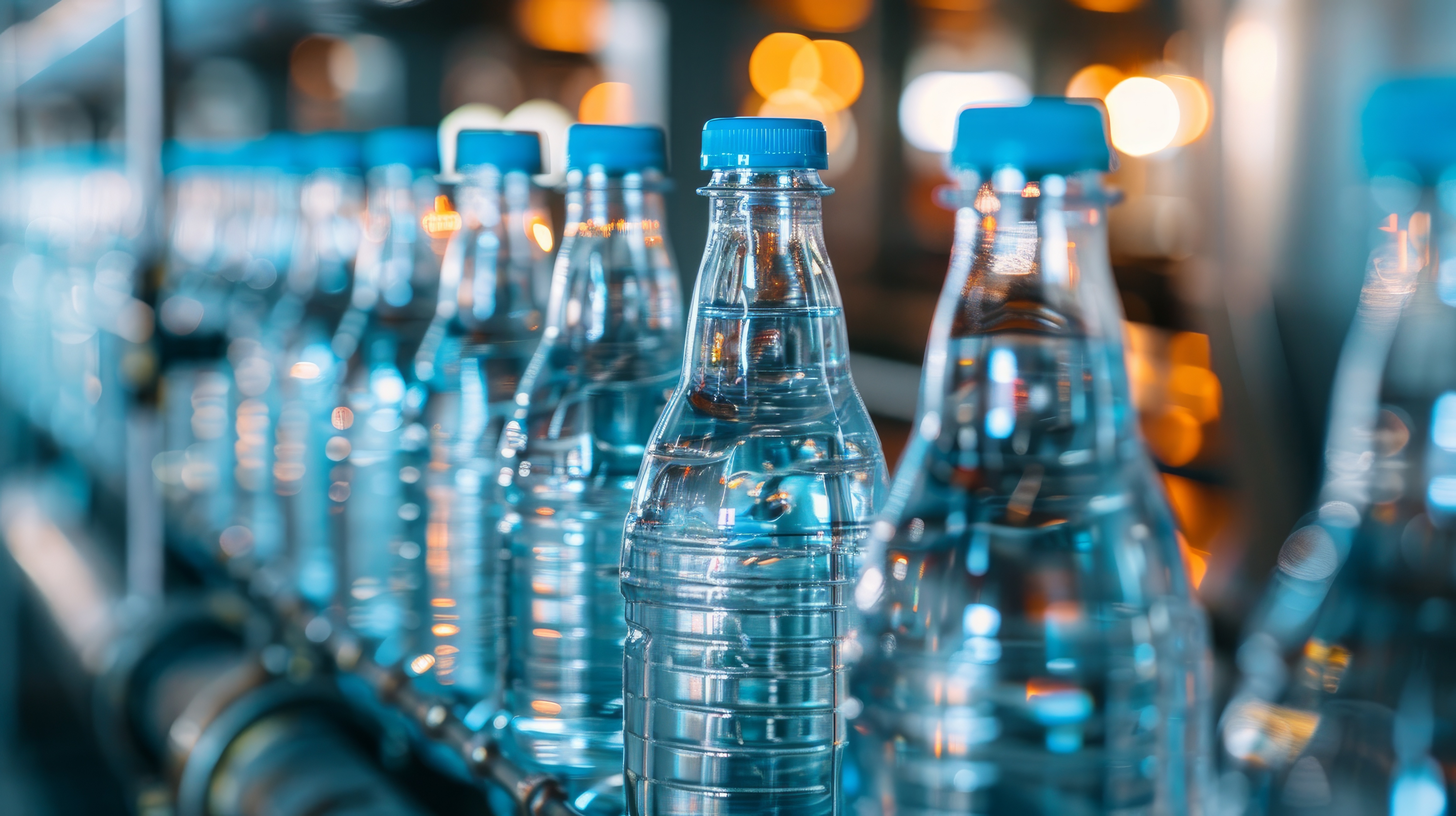 A scene from a food and beverage factory showing PET bottles on a production line being filled with water